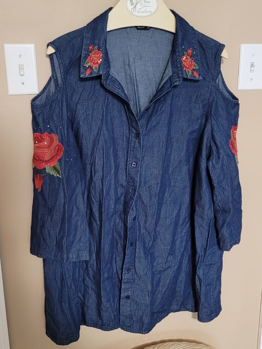 💛2 for $20💛 Bundle and save Cold-Shoulder Denim Shirt with Red Rose Embroidery